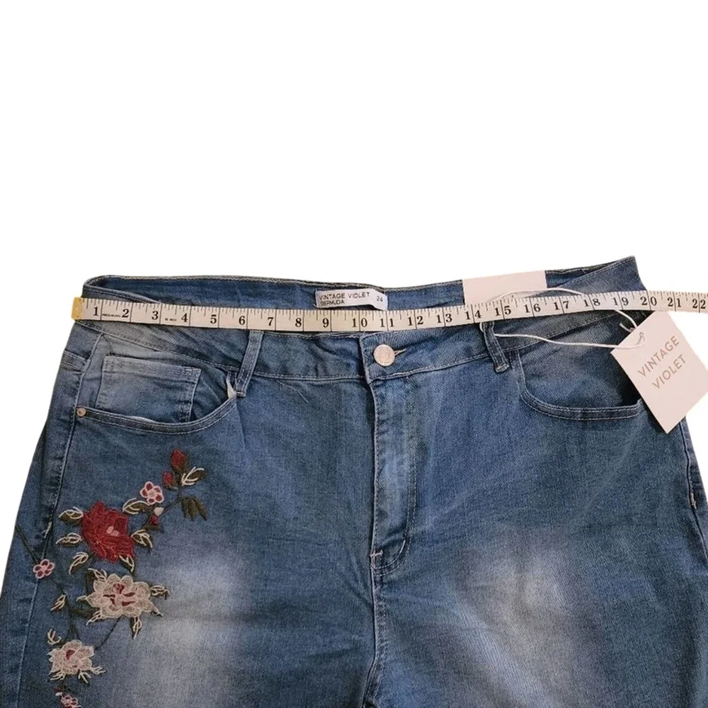 VINTAGE violet floral embroidered Stretch Jean Bermuda shorts‎ plus size 22 new!